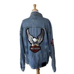 HARLEY DAVIDSON Men's Denim Jacket with Pins and Eagle Patch Size XXL